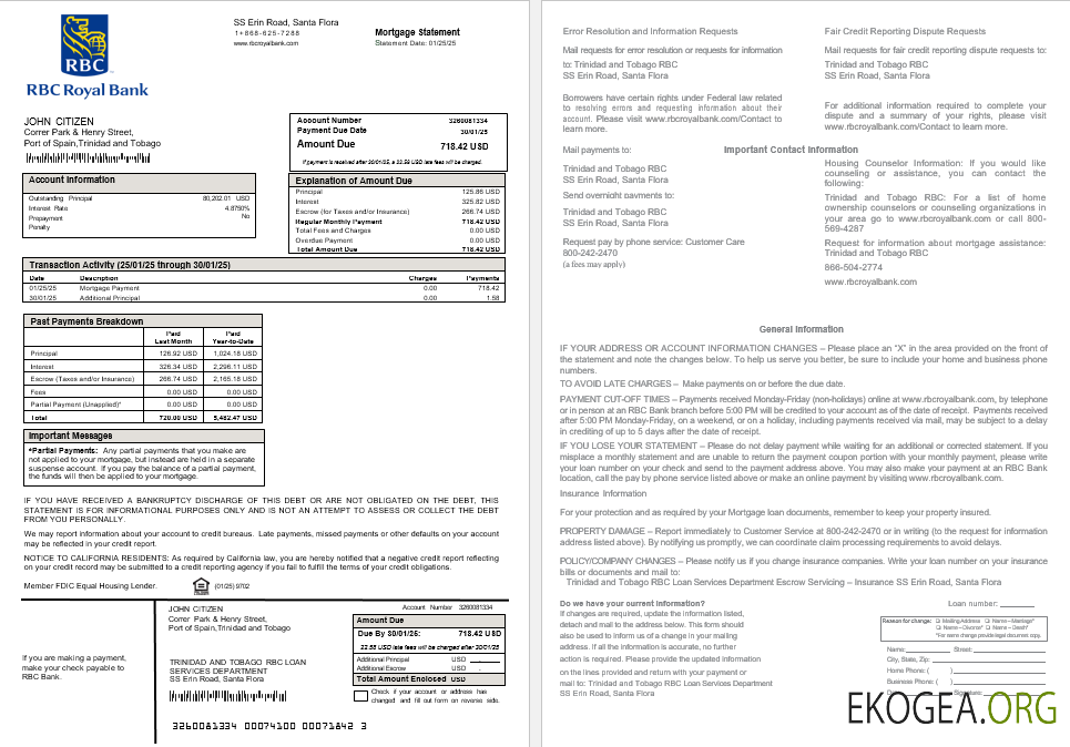 Relevé hypothécaire de la Royal Citizens Bank de Trinité , et , Tobago aux formats Word et PDF